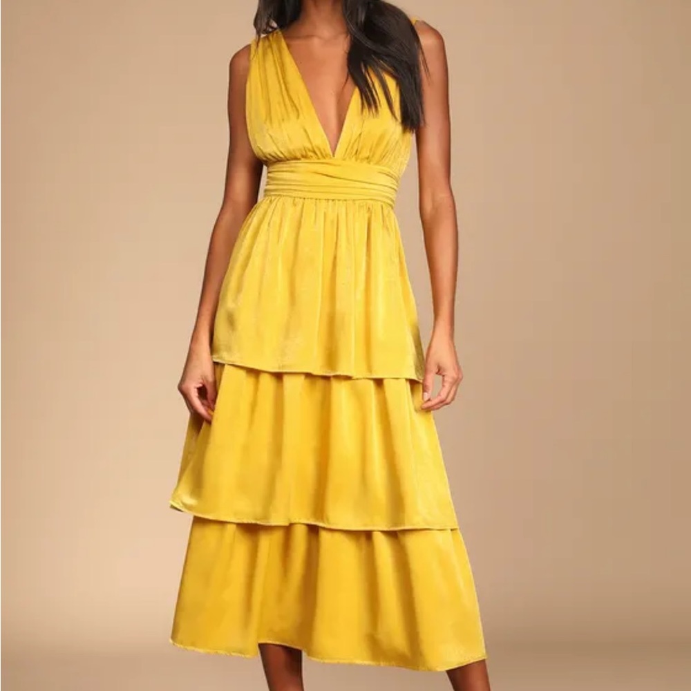 Lulus Peak Party Vibe Mustard Yellow Satin Tiered Tie-Back Midi Dress, M